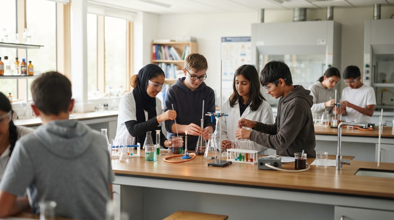 Secondary students working through a chemistry experiment at lab benches in a bright, modern school science laboratory.