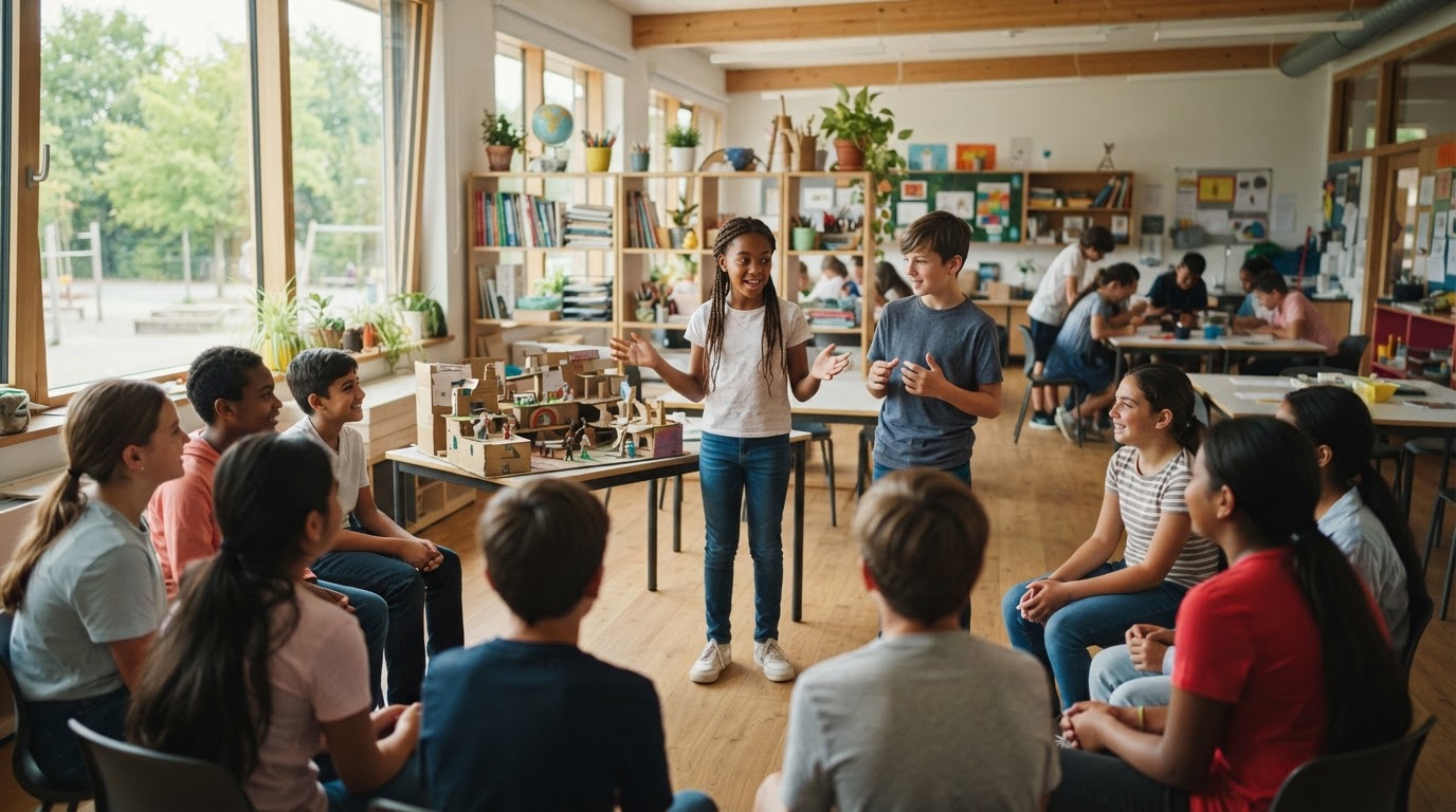 A small group of early-teen students presenting a cardboard prototype to classmates in a bright, open-plan classroom.