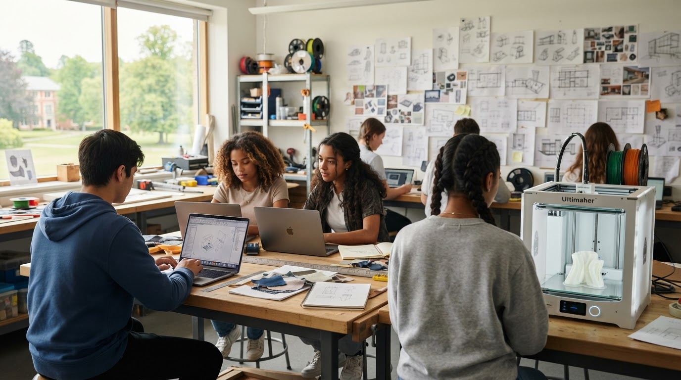 Older teenagers in a vocational design studio working on laptops and a 3D printer, sketches pinned to the wall behind them.