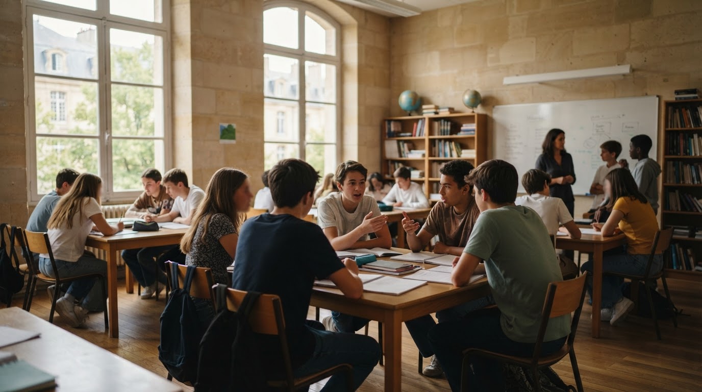 A secondary classroom with tall windows and a classic European feel, students in discussion during a philosophy lesson.