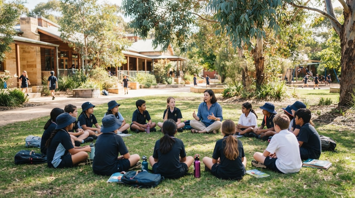 A sunny outdoor school courtyard with eucalyptus trees, students sitting in a circle on the grass with their teacher.