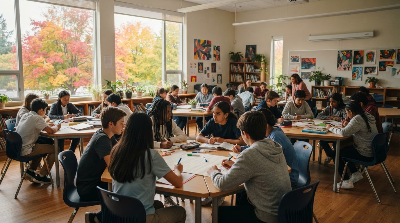A welcoming, inclusive classroom with students working in mixed groups at hexagonal tables, maple-red autumn trees visible through the windows.