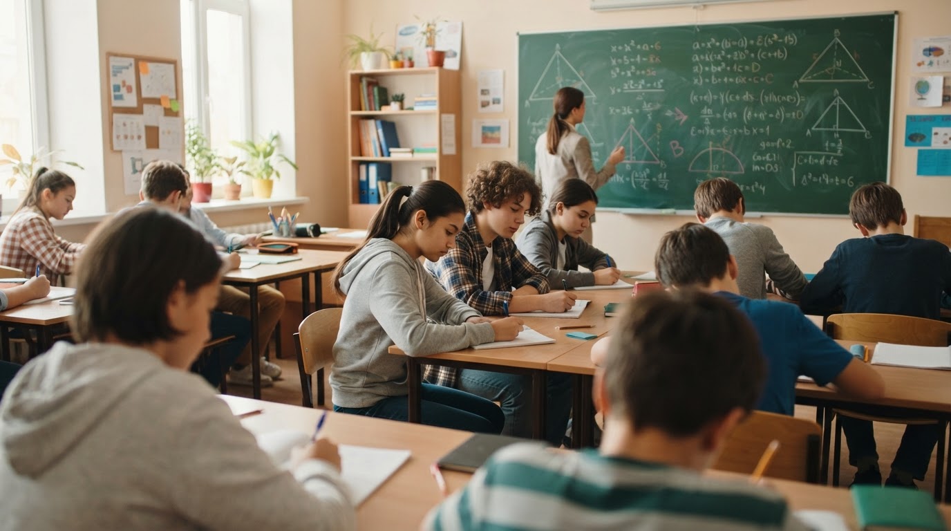 Students in a busy, well-organised secondary classroom taking notes, with a large green chalkboard filled with mathematics.