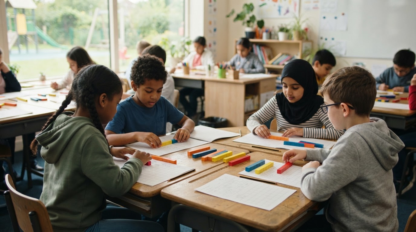 Primary pupils solving a mathematics problem with colourful bar-model blocks laid out on their desks.