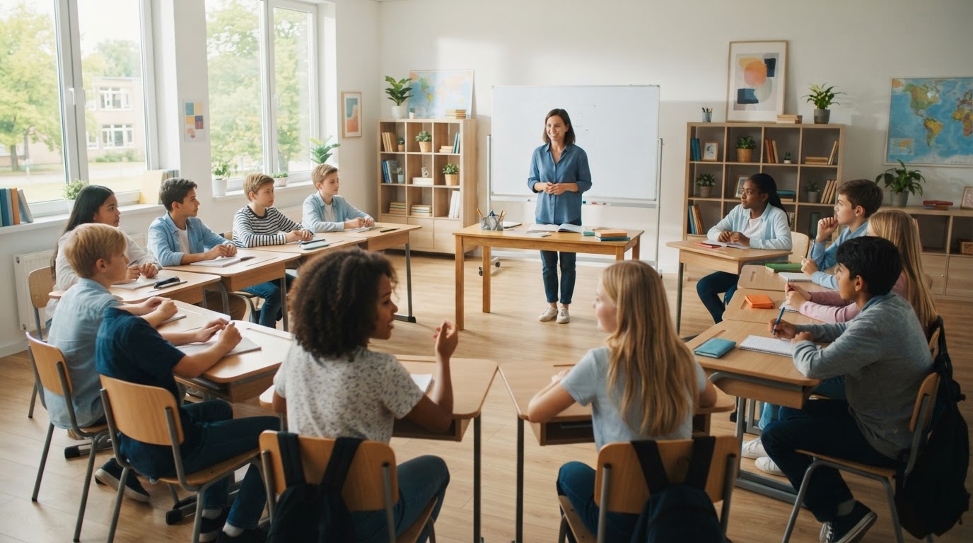 A neat, modern European classroom with students practising languages, desks arranged in a horseshoe around the teacher.