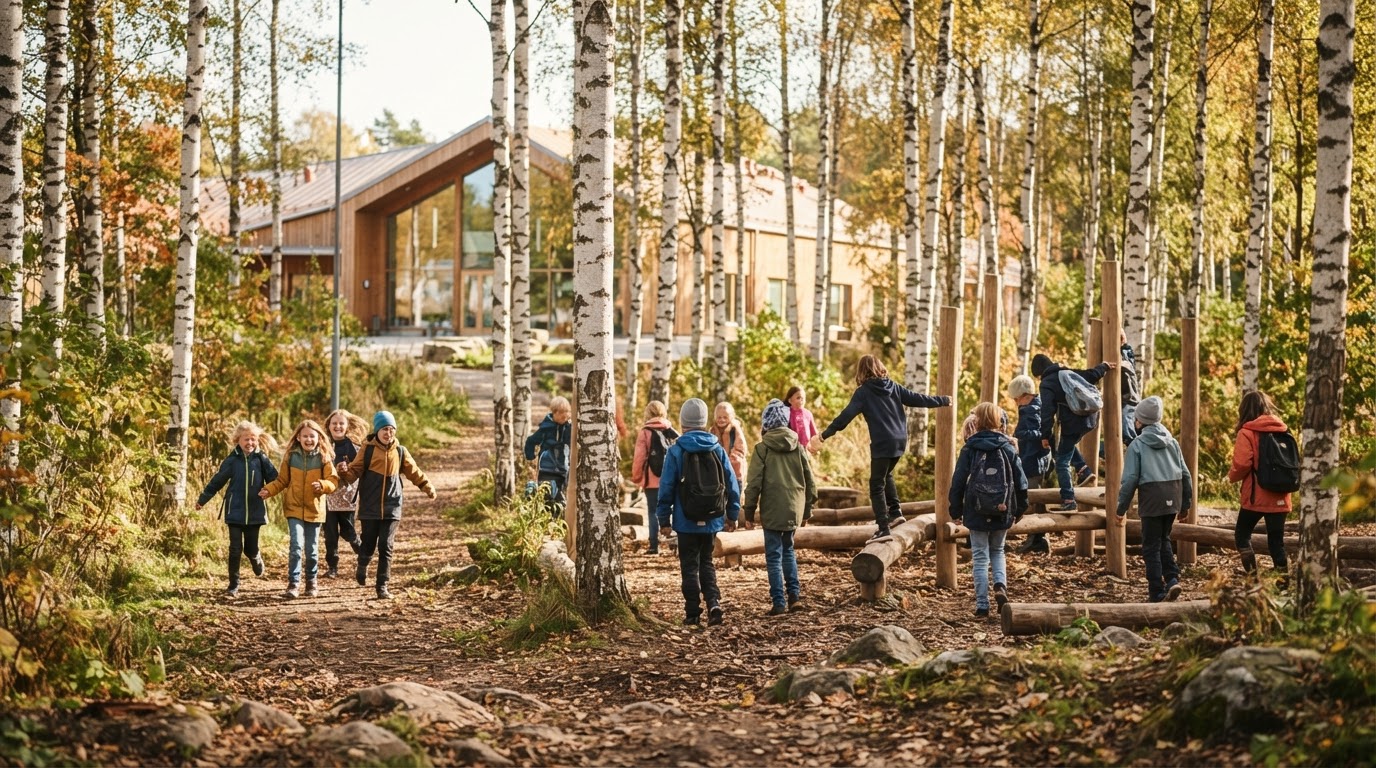 Children playing outdoors in a birch forest during a school break, with a bright Scandinavian-style school building beyond the trees.