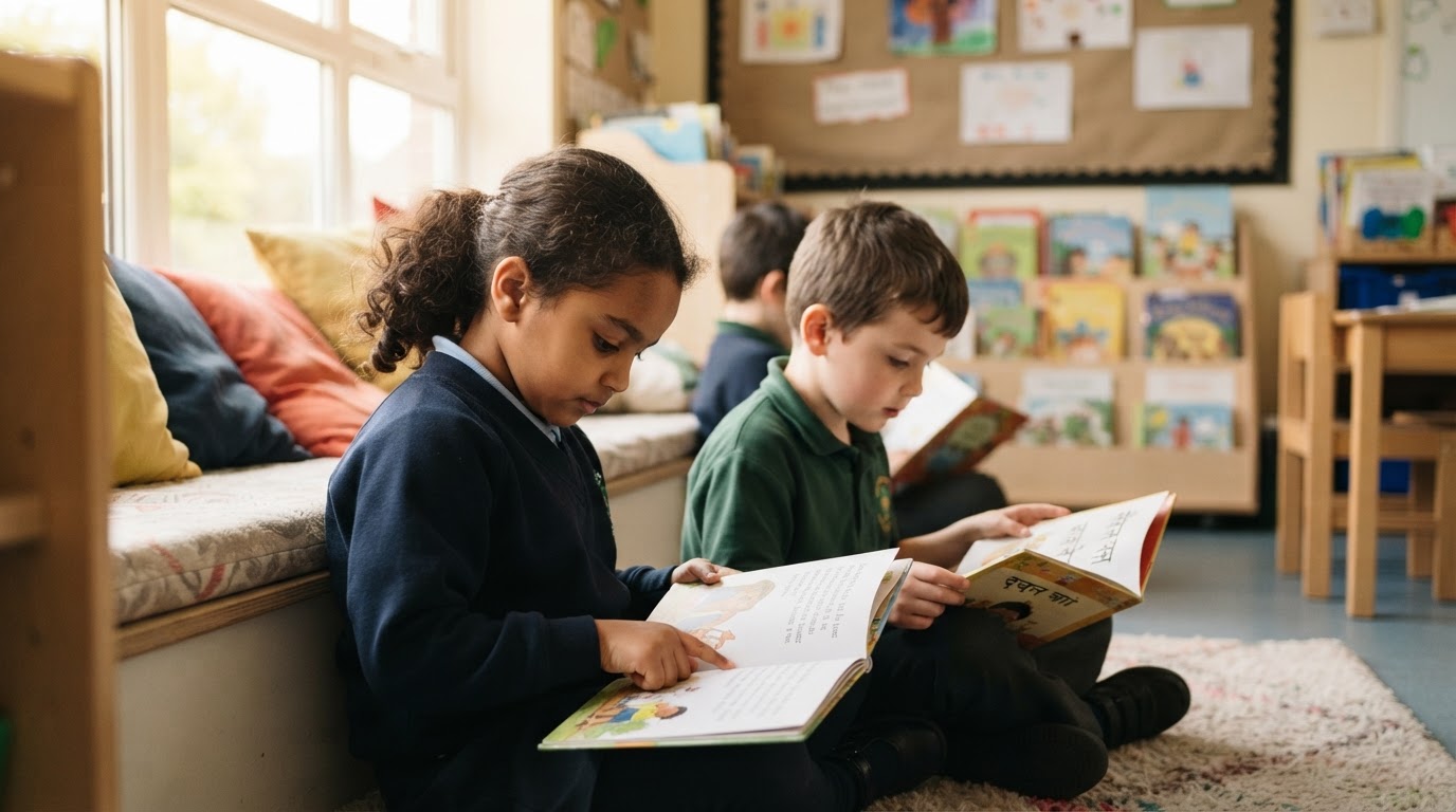 Two young pupils reading picture books in two different scripts side by side in a cosy classroom reading corner.