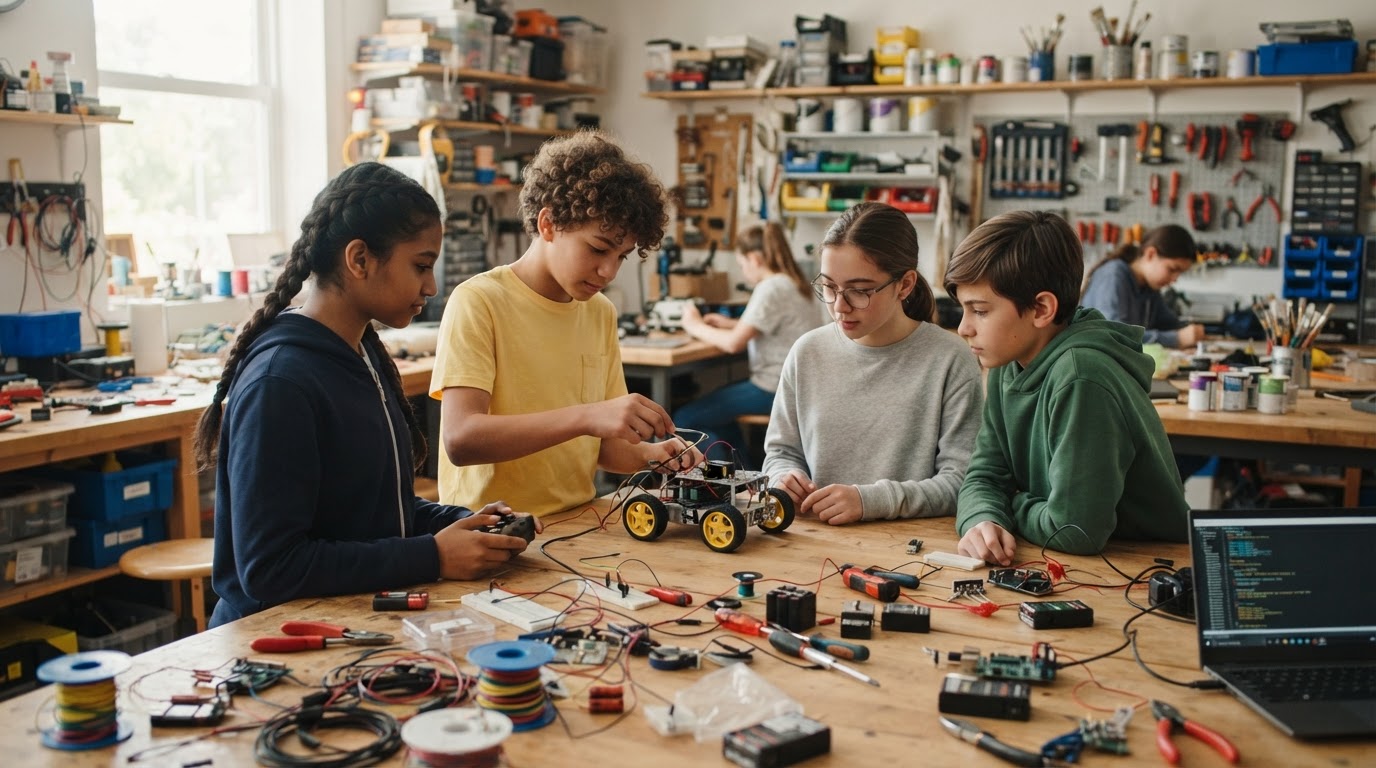 Students building and testing a small robot together in a school makerspace filled with tools, wires and paint.