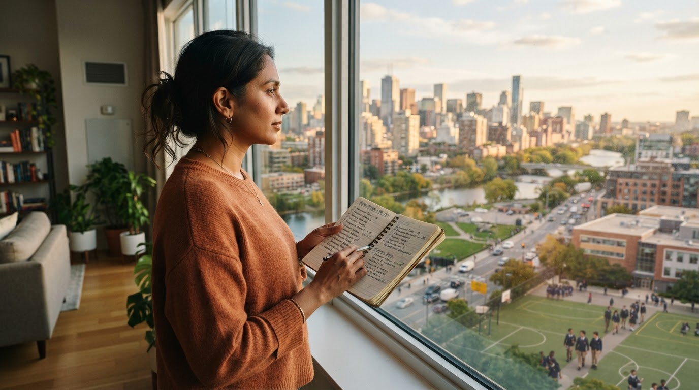 A parent looking out over a new city from an apartment window while holding a notebook full of school options.