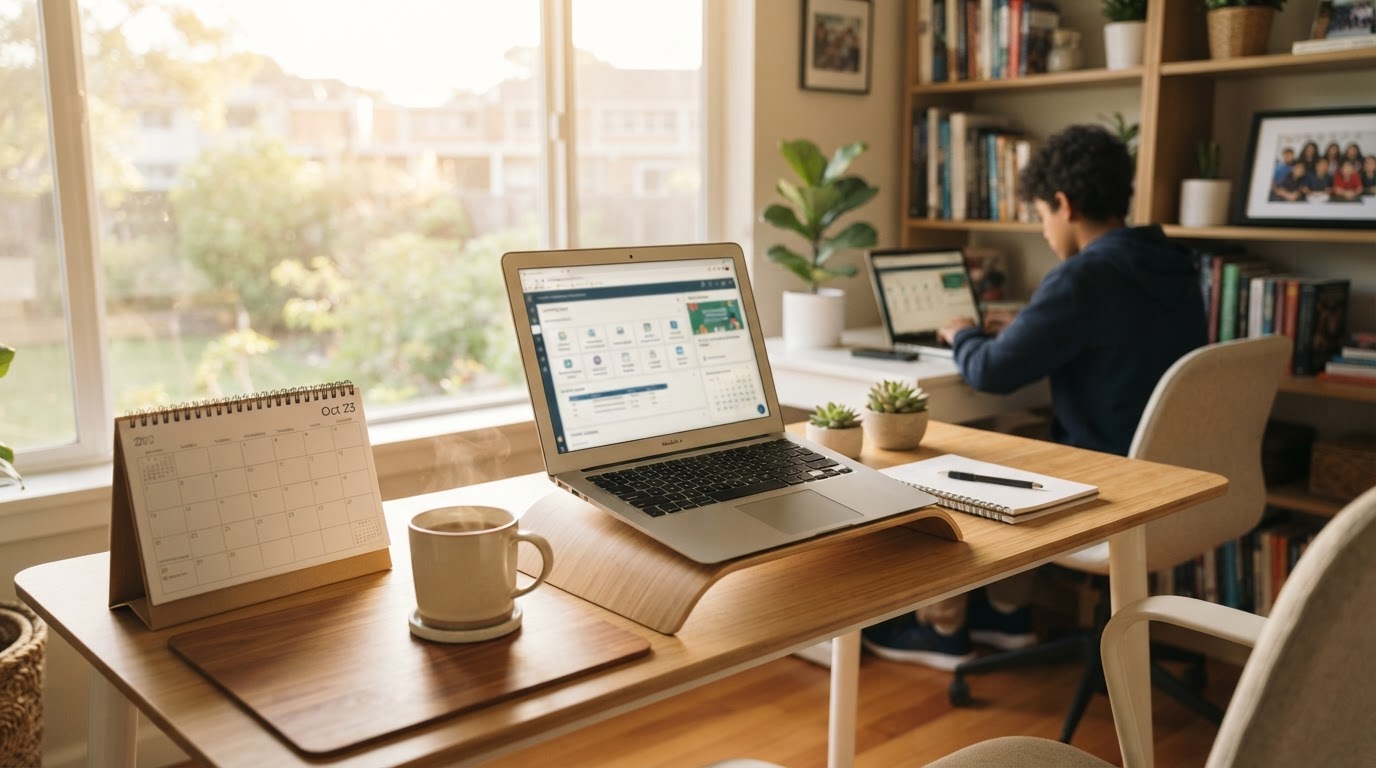 A desk calendar, a coffee cup and a laptop showing school websites, morning light falling across a home office.