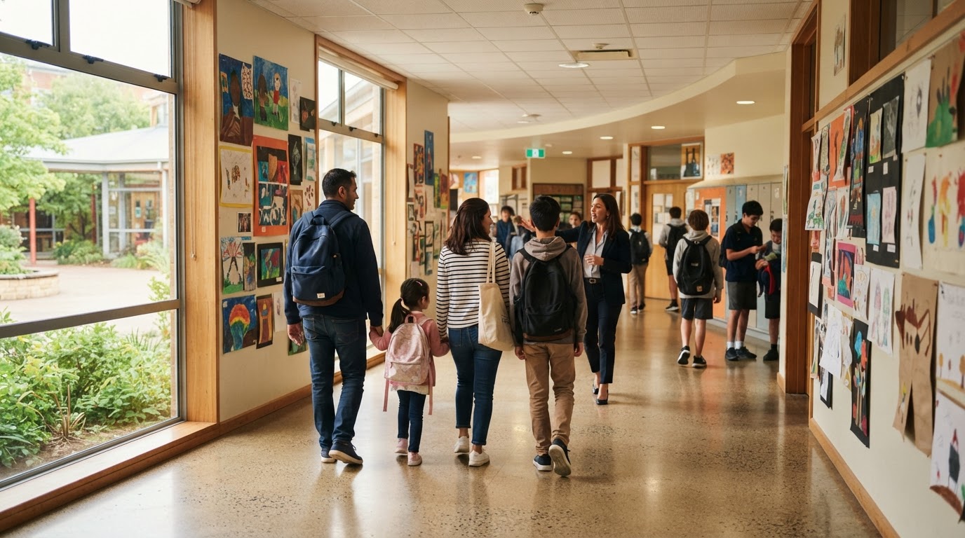A family being shown around a bright school corridor lined with student artwork, seen from behind as they walk.