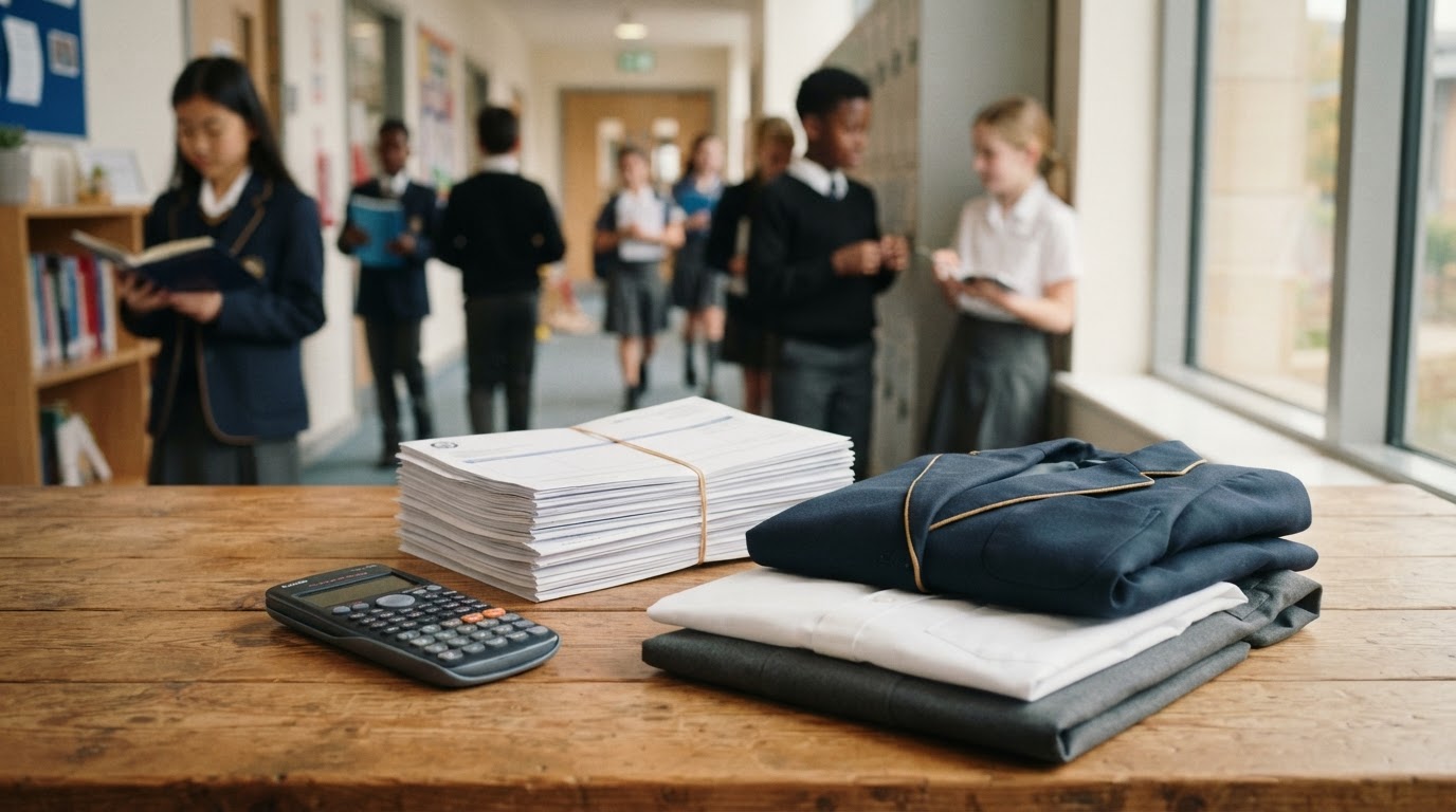 A calculator, a neat stack of school invoices and a school uniform folded on a wooden table, softly lit.