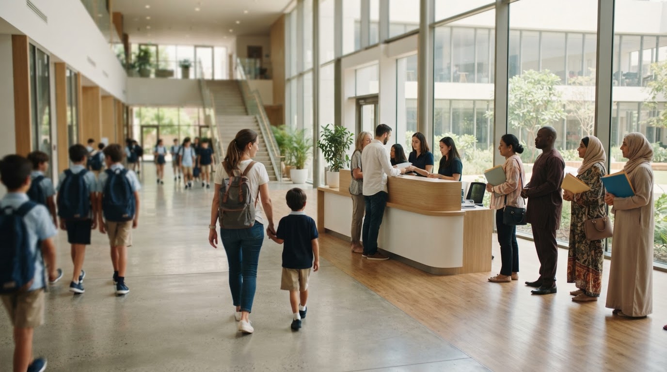 Parents queuing at a modern school admissions reception desk, seen from a distance in a light-filled lobby.