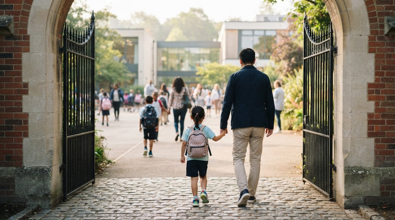 A child with a backpack walking through a school gate for the first time, holding a parent's hand, seen from behind.