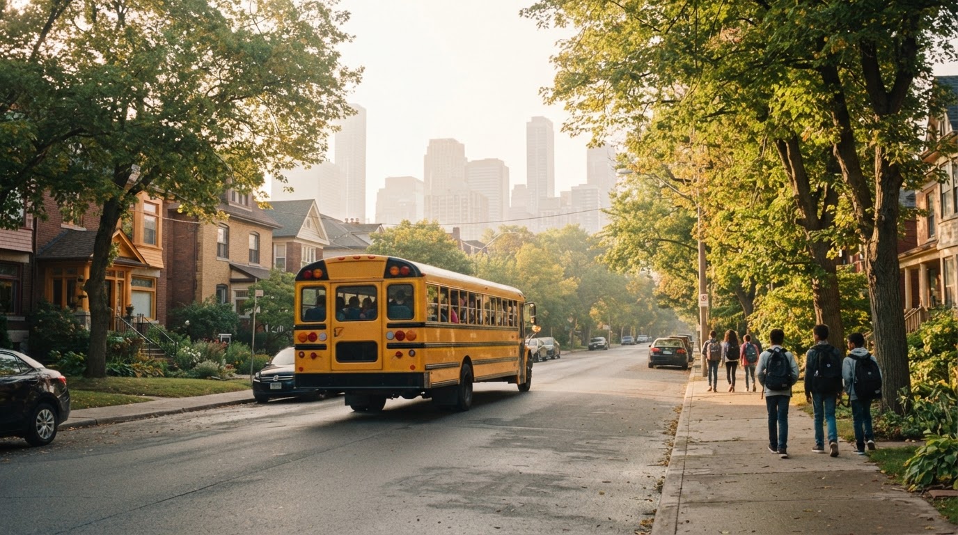 A school bus driving along a leafy residential street in the early morning, city towers in the hazy distance.