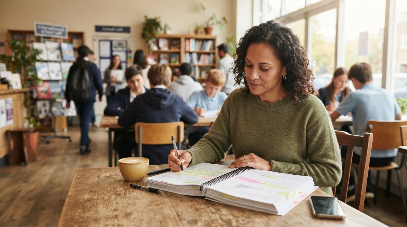 A parent reading a thick printed report with highlighted pages at a café table, a pen and coffee beside it.
