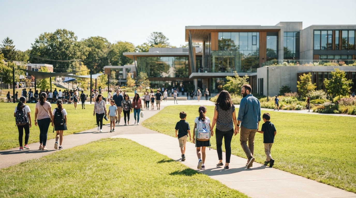 Families walking across a sunny school campus lawn on an open day, with a modern school building behind them.