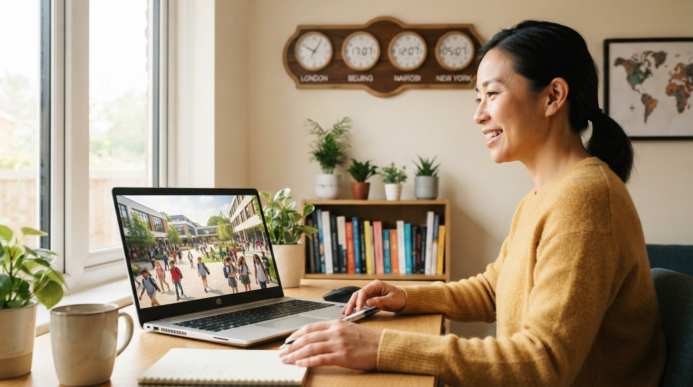 A parent on a video call on a laptop with a school campus visible on the screen, a world clock on the wall.