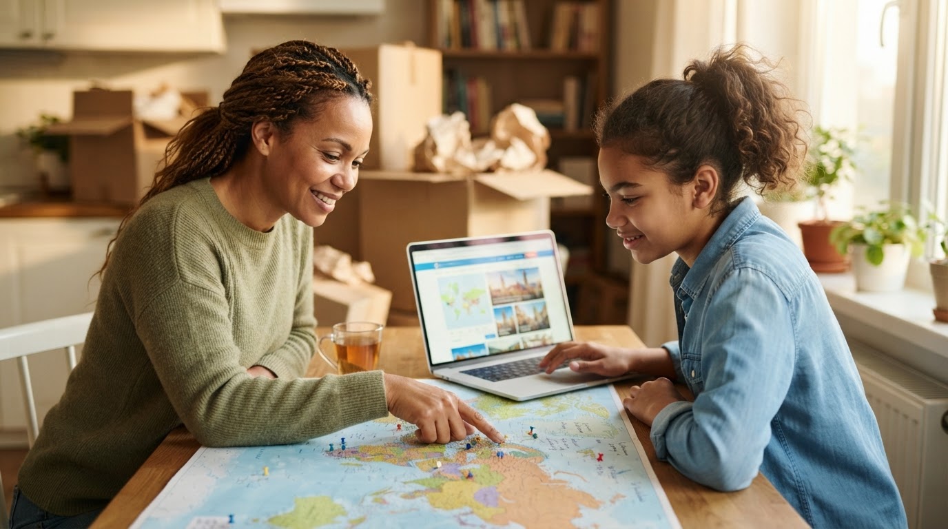 A parent and child at a kitchen table planning a move abroad, a world map and a laptop open between them, cardboard moving boxes softly out of focus in the background.