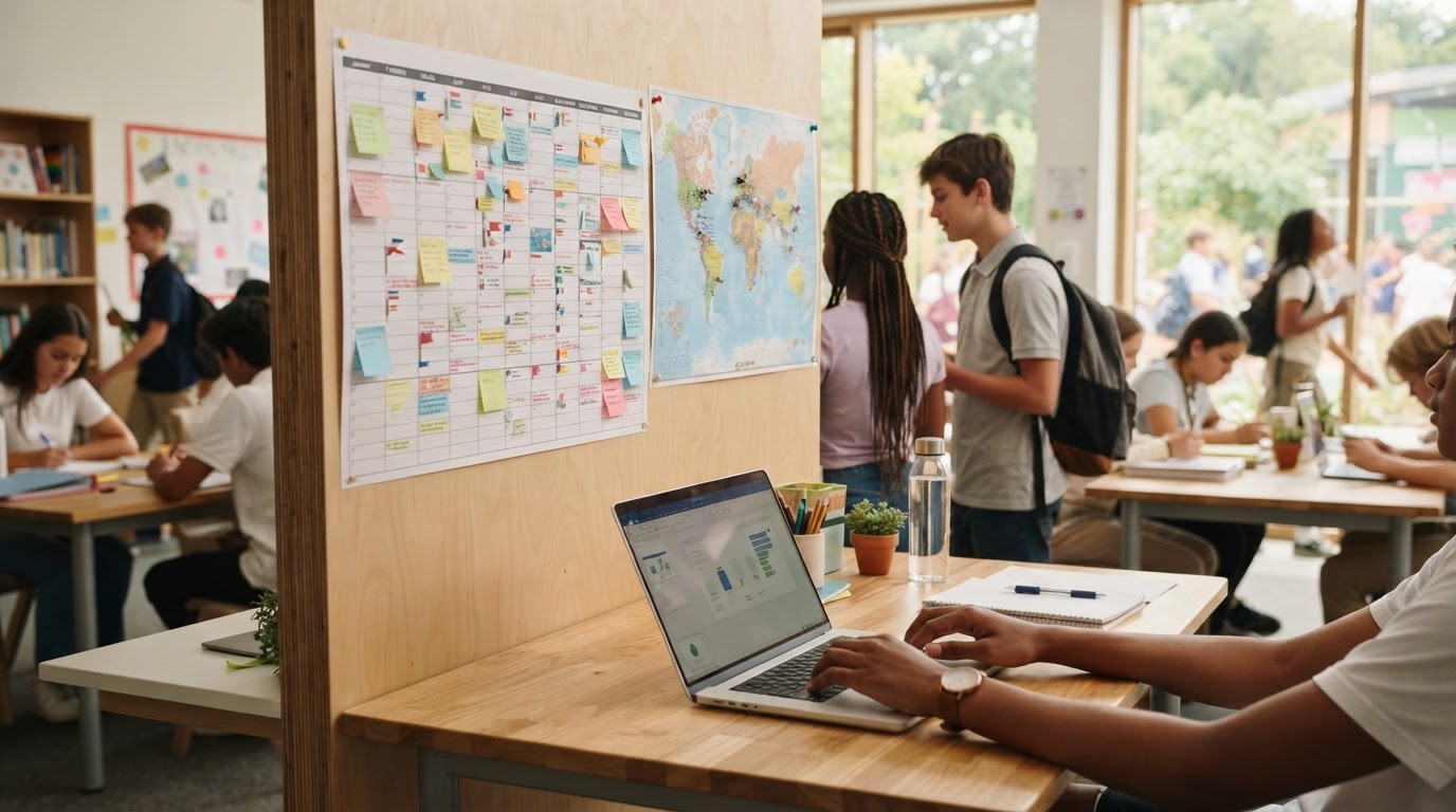 A wall planner marked with coloured sticky notes and a world map, beside a desk with a laptop.