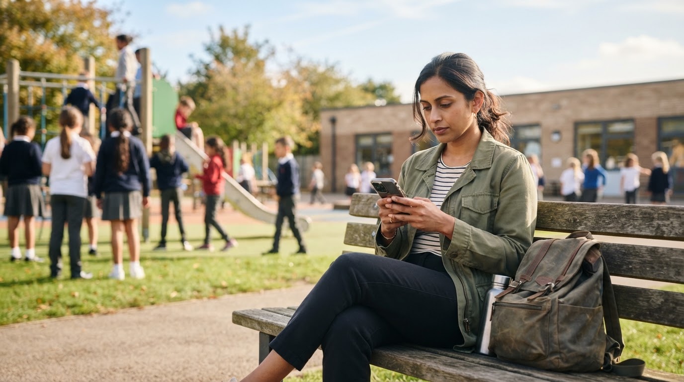 A thoughtful parent sitting on a park bench near a school playground, reading an email on their phone.