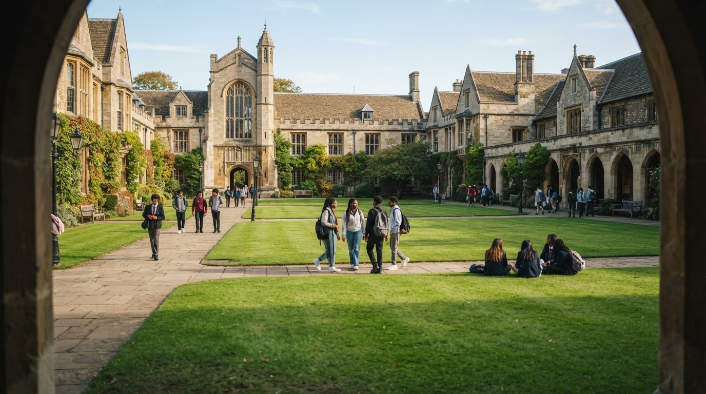 A historic boarding-school quadrangle with stone buildings and green lawns, students crossing in the distance.