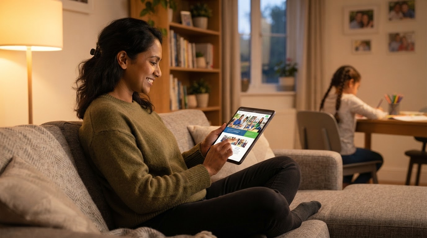 A parent browsing school websites on a tablet on a sofa, with soft evening light from a nearby lamp.