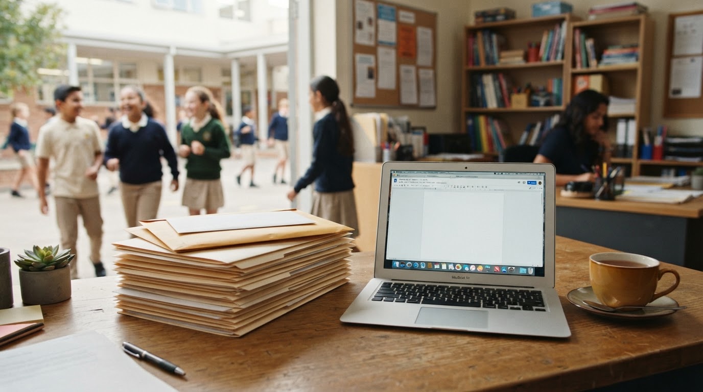 A neat stack of application folders and envelopes on a desk next to a laptop and a cup of tea.