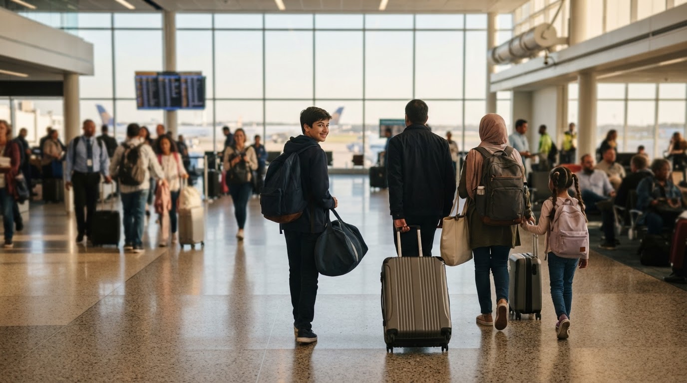 A family with suitcases at an airport arrivals hall, a teenager looking back over their shoulder.