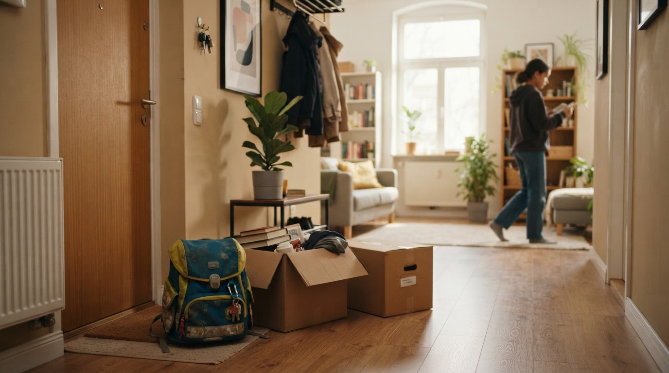 A cosy furnished rental apartment with half-unpacked boxes and a child's school bag by the door.