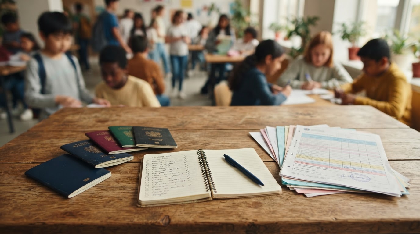 A flat-lay of passports, a checklist notebook, school records and a pen on a wooden table.