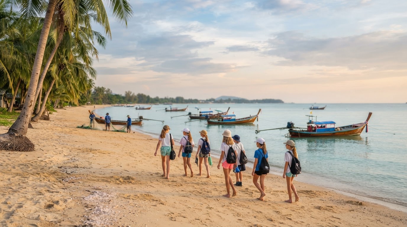 A calm, palm-lined beach on the Gulf of Thailand in soft morning light, with fishing boats moored offshore.
