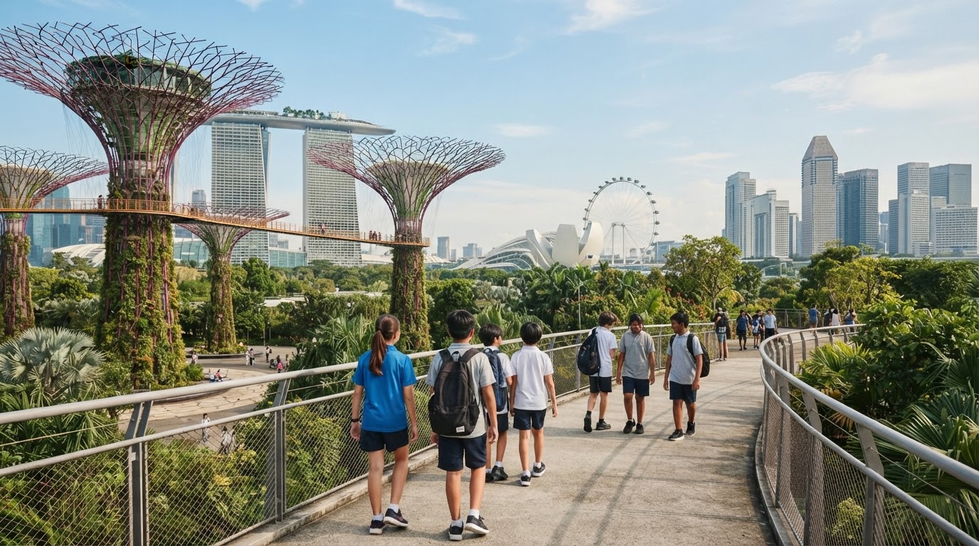 Singapore's Marina Bay skyline in daylight, with the Supertree Grove at Gardens by the Bay in the foreground.
