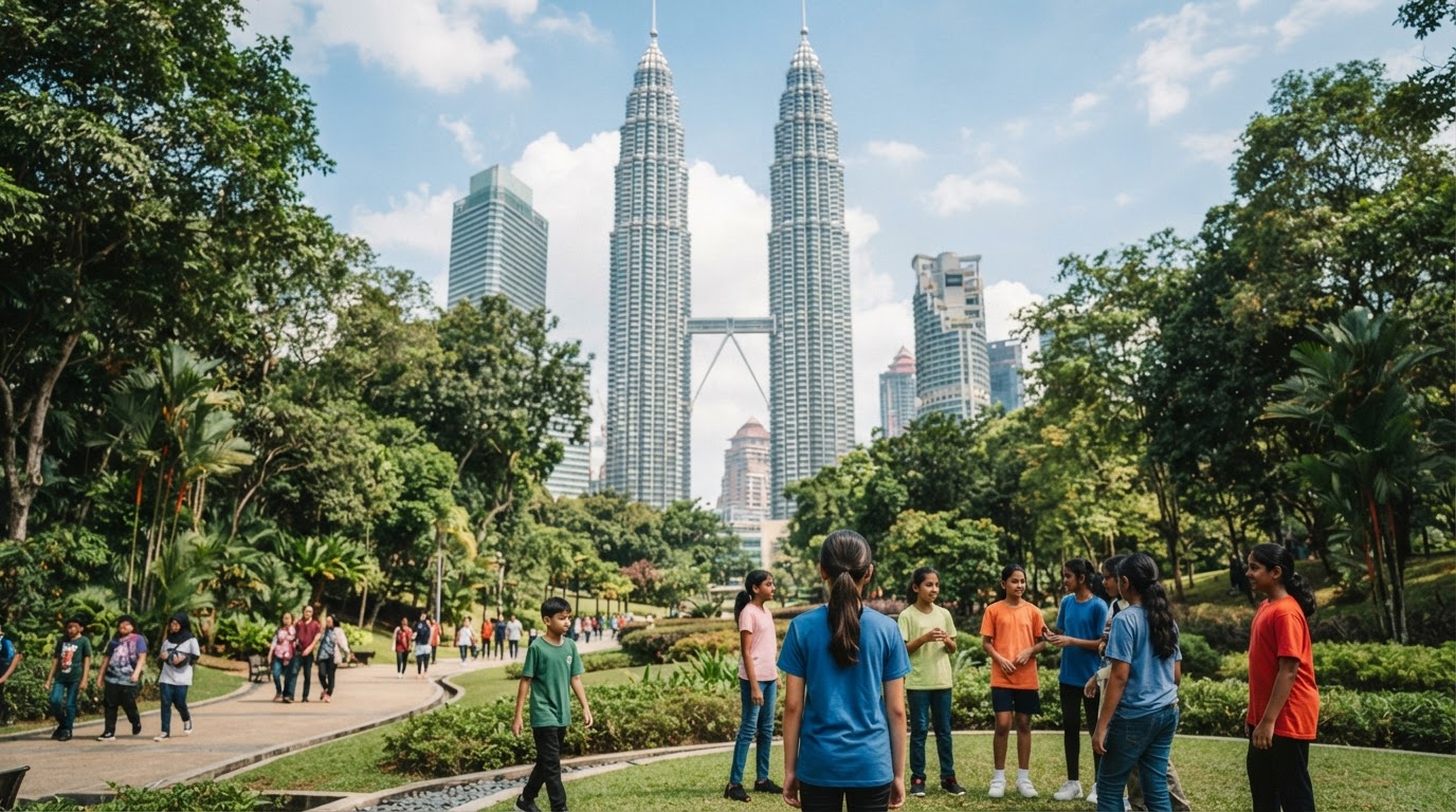 The Petronas Twin Towers rising above lush green parkland in Kuala Lumpur on a bright day.