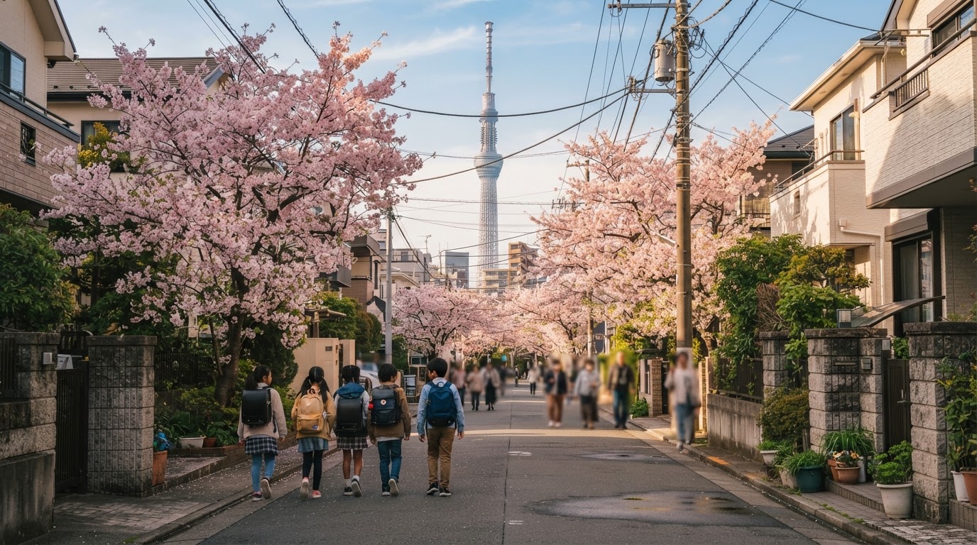 A quiet Tokyo residential street with cherry blossom trees, the Tokyo Skytree visible in the distance.