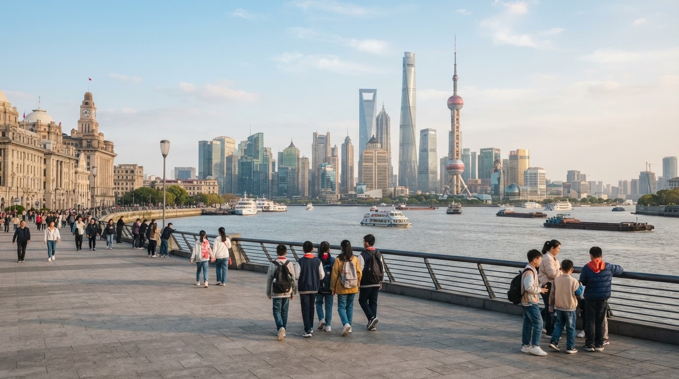 The Lujiazui skyline across the Huangpu River in Shanghai, seen from the historic Bund promenade in daylight.