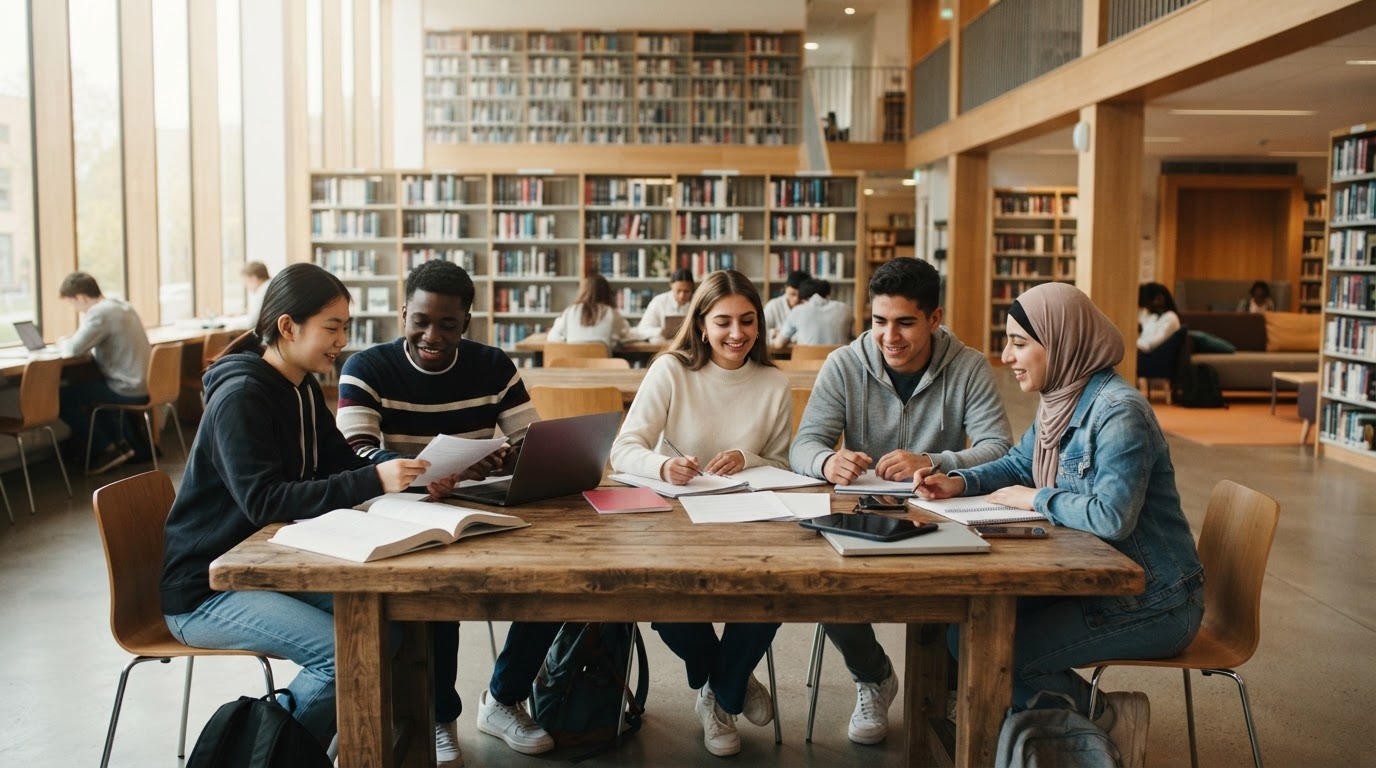 Senior students studying together in a modern school library at long wooden tables, with tall bookshelves and soft daylight.
