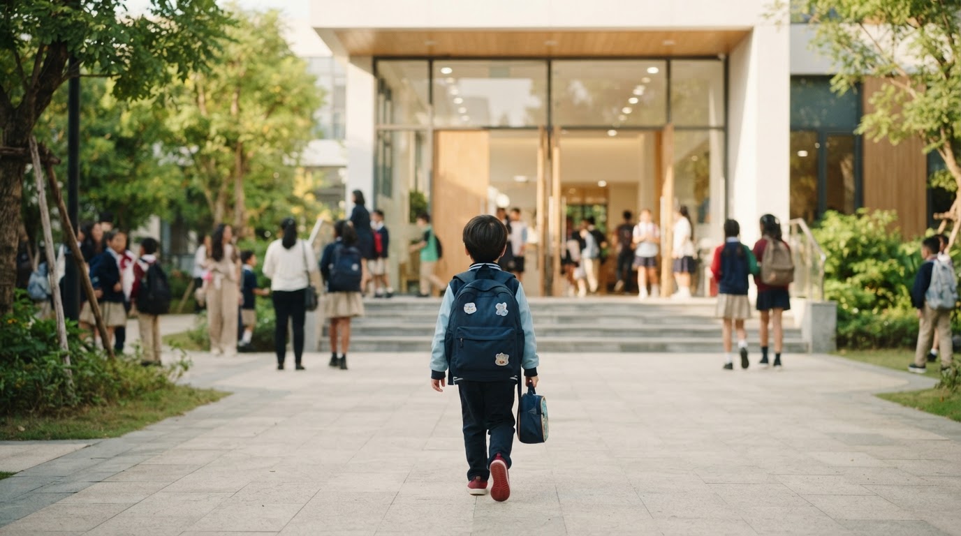A child's first day at a new international school: a small figure with a backpack walking toward a bright school entrance, seen from behind.